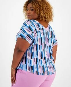 Bar III Plus Size Printed Seamed V-Neck Short-Sleeve Top, Created For Macy's -Anne Klein Sales Store 23359082 fpx
