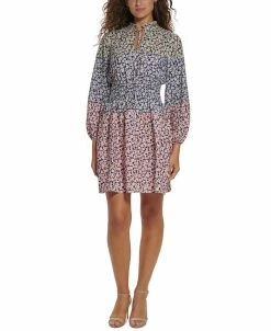 Vince Camuto Women's Mixed-Print Smocked-Waist Dress