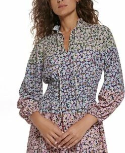 Vince Camuto Women's Mixed-Print Smocked-Waist Dress -Anne Klein Sales Store 23360646 fpx