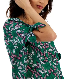 Charter Club Women's Linen Butterfly-Print Tie-Sleeve Top, Created For Macy's -Anne Klein Sales Store 23368067 fpx