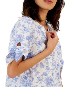 Charter Club Women's Linen Toile-Print Tie-Sleeve Top, Created For Macy's -Anne Klein Sales Store 23379541 fpx