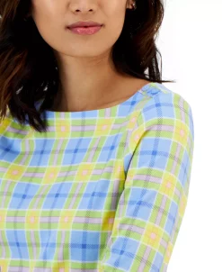 Charter Club Women's Plaid Boat-Neck 3/4-Sleeve Top, Created For Macy's -Anne Klein Sales Store 23432021 fpx