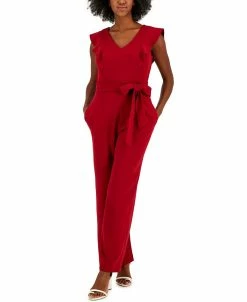 Kasper Scuba Crepe V-Neck Flutter-Sleeve Belted Jumpsuit