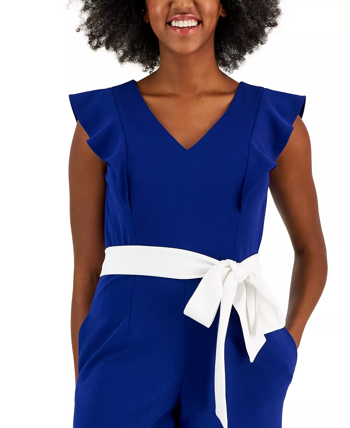 Kasper Scuba Crepe V-Neck Flutter-Sleeve Belted Jumpsuit 6 Kasper Scuba Crepe V-Neck Flutter-Sleeve Belted Jumpsuit - Image 6