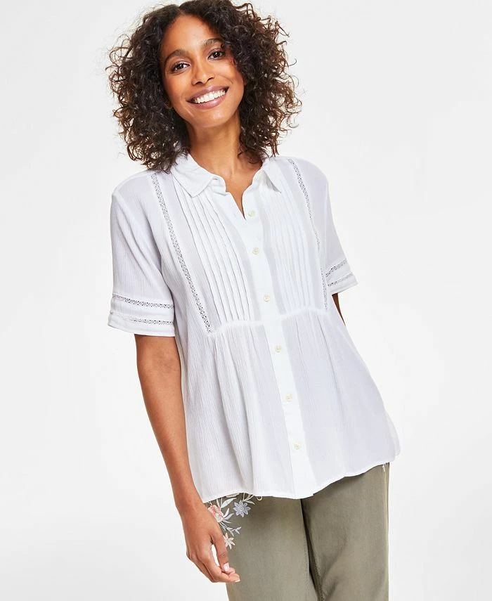 Style & Co Women's Pintuck Short-Sleeve Button-Front Shirt, Created For Macy's 1 Style & Co Women's Pintuck Short-Sleeve Button-Front Shirt, Created For Macy's