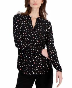 Anne Klein Women's Printed Split-Neck Long-Sleeve Top
