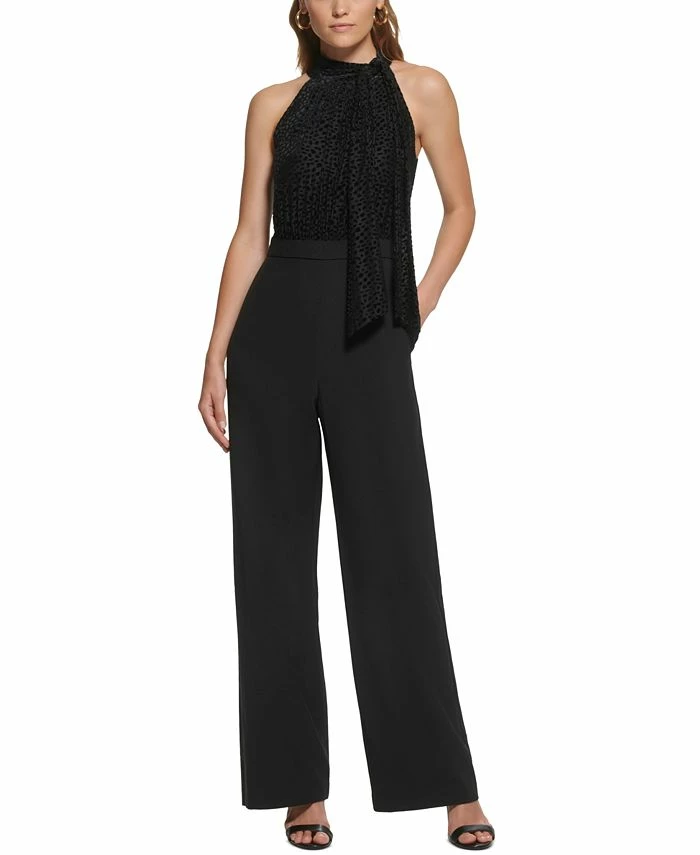Vince Camuto Women's Burnout Velvet Tie-Neck Mixed-Media Jumpsuit 1 Vince Camuto Women's Burnout Velvet Tie-Neck Mixed-Media Jumpsuit