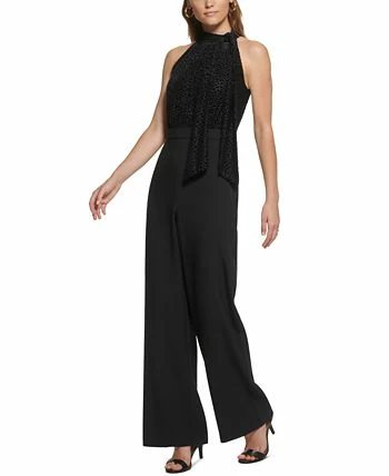 Vince Camuto Women's Burnout Velvet Tie-Neck Mixed-Media Jumpsuit 3 Vince Camuto Women's Burnout Velvet Tie-Neck Mixed-Media Jumpsuit - Image 3