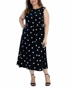 Kasper Plus Size Polka Dot-Print Belted Fit & Flare Dress
