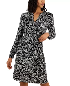 Anne Klein Woman's Printed Split-Neck Long-Sleeve Dress -Anne Klein Sales Store 23587785 fpx