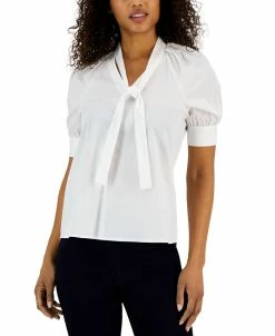 Anne Klein Women's Short-Sleeve Poplin Tie-Neck Top