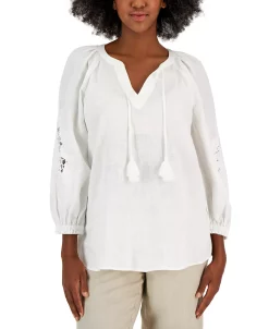 Charter Club Women's Linen Embroidered Peasant Top, Created For Macy's 9 Charter Club Women's Linen Embroidered Peasant Top, Created For Macy's -Anne Klein Sales Store 23610510 fpx