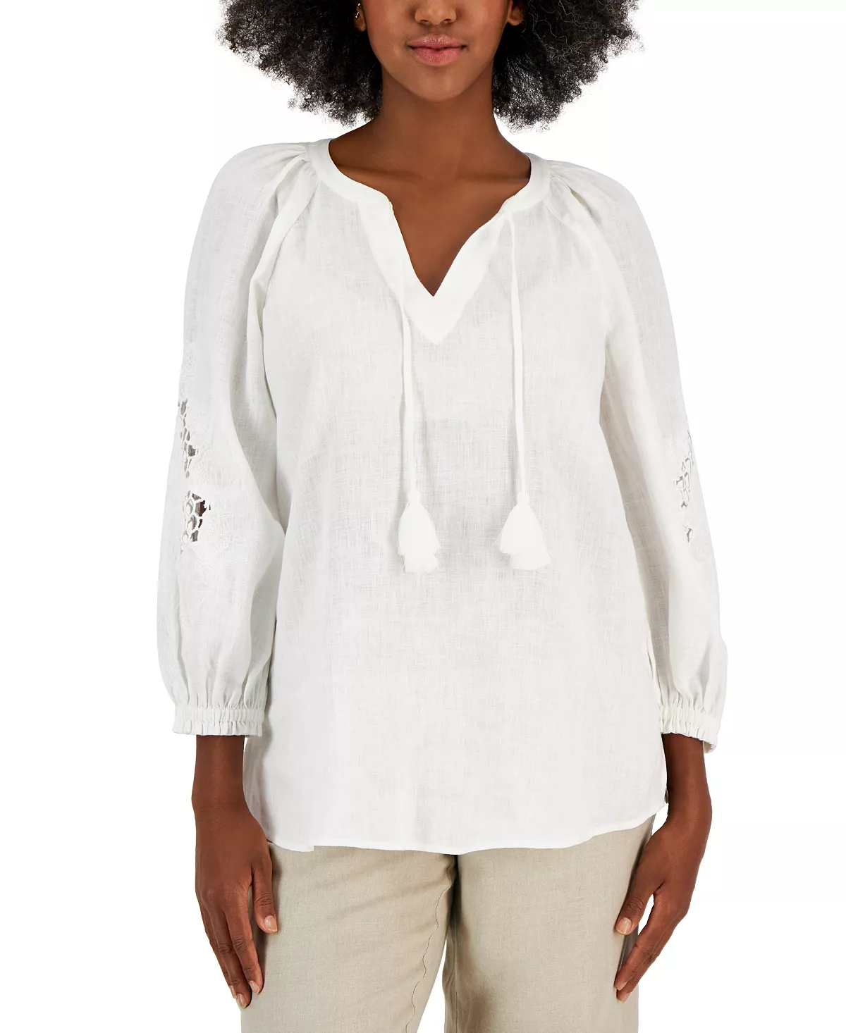 Charter Club Women's Linen Embroidered Peasant Top, Created For Macy's 4 Charter Club Women's Linen Embroidered Peasant Top, Created For Macy's - Image 4