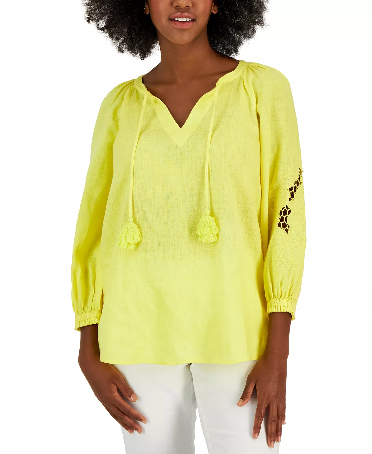 Charter Club Women's Linen Embroidered Peasant Top, Created For Macy's 6 Charter Club Women's Linen Embroidered Peasant Top, Created For Macy's - Image 6