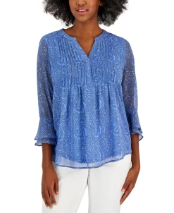 Charter Club Women's Printed Split-Neck Top, Created For Macy's -Anne Klein Sales Store 23610552 fpx