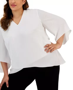 Kasper Plus Size V-Neck Flutter-Sleeve Cross-Hem Top -Anne Klein Sales Store 23649667 fpx