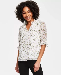 CeCe Women's Floral-Print Tie-Neck Clip-Dot Blouse -Anne Klein Sales Store 23649789 fpx