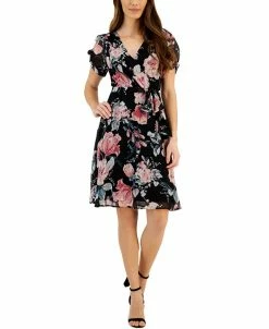 Connected Women's Printed Tie-Waist Short-Sleeve Sheath Dress