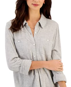 Style & Co Women's Button-Up Collared Knit Shirt, Created For Macy's 13 Style & Co Women's Button-Up Collared Knit Shirt, Created For Macy's -Anne Klein Sales Store 23656327 fpx