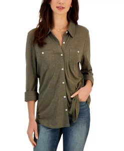 Style & Co Women's Button-Up Collared Knit Shirt, Created For Macy's 9 Style & Co Women's Button-Up Collared Knit Shirt, Created For Macy's -Anne Klein Sales Store 23663785 fpx