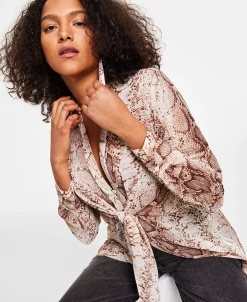 Bar III Women's Snakeskin-Print Tie-Front Top, Created For Macy's -Anne Klein Sales Store 23672582 fpx