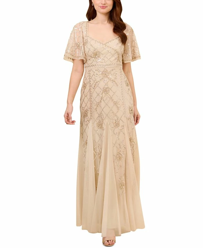Adrianna Papell Women's Beaded Flutter-Sleeve Godet Gown 1 Adrianna Papell Women's Beaded Flutter-Sleeve Godet Gown