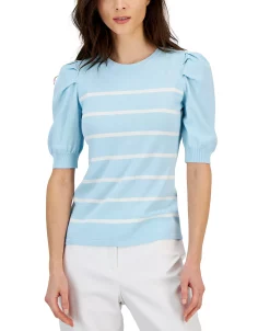 Anne Klein Women's Striped Puff-Sleeve Top -Anne Klein Sales Store 23719871 fpx