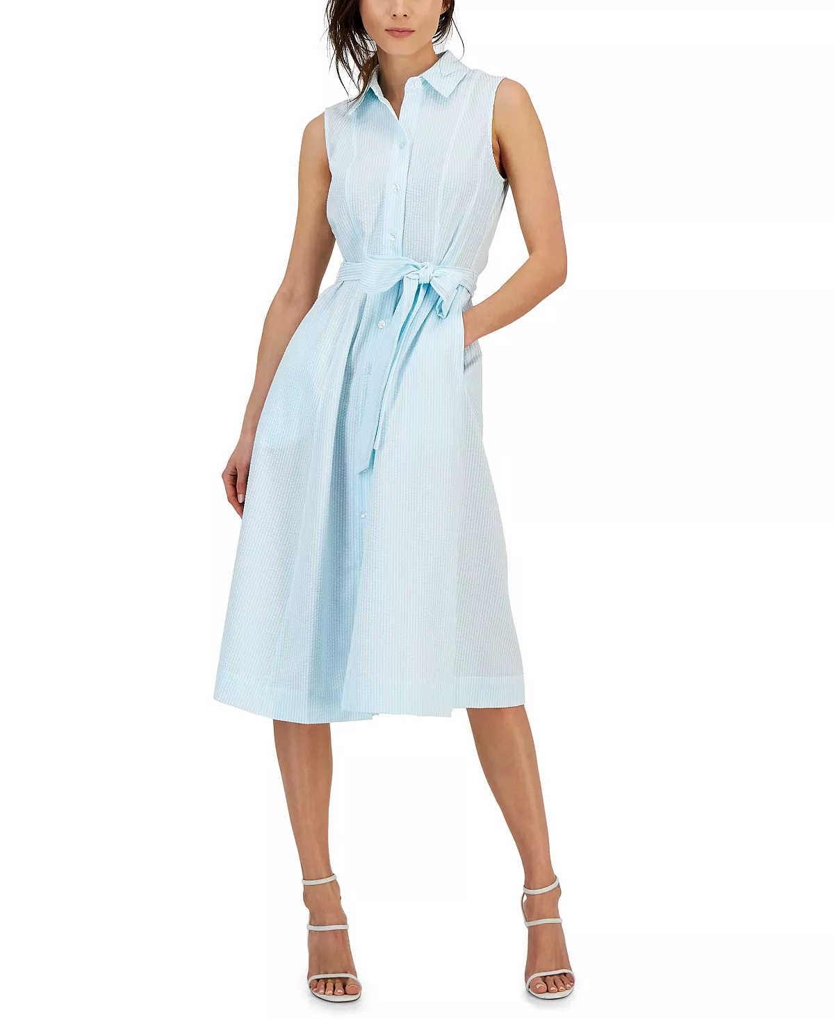 Anne Klein Women's Sleeveless Seersucker Belted Shirt Dress 6 Anne Klein Women's Sleeveless Seersucker Belted Shirt Dress - Image 6