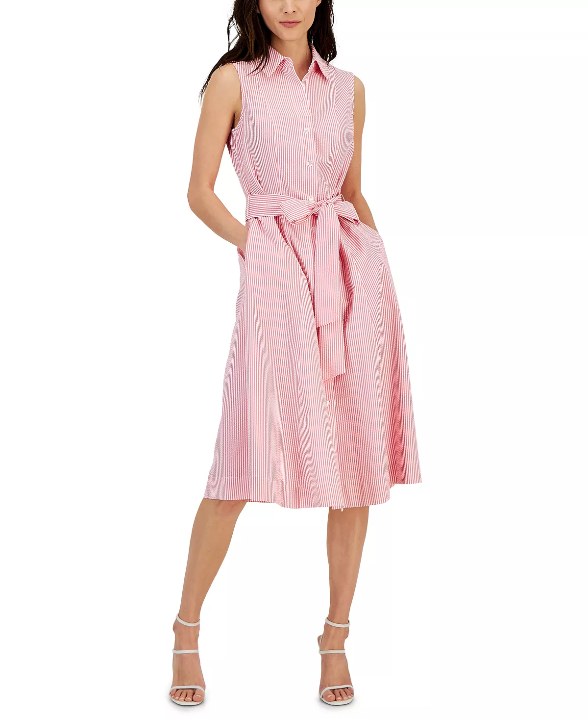 Anne Klein Women's Sleeveless Seersucker Belted Shirt Dress 7 Anne Klein Women's Sleeveless Seersucker Belted Shirt Dress - Image 7