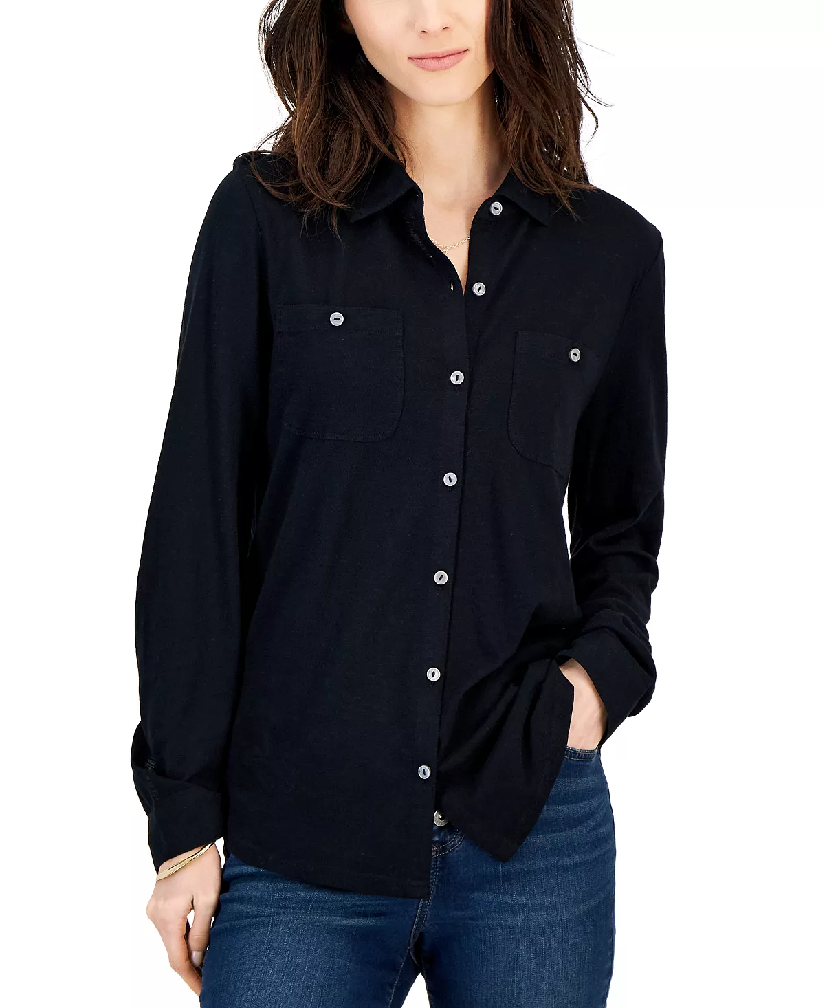 Style & Co Women's Button-Up Collared Knit Shirt, Created For Macy's 4 Style & Co Women's Button-Up Collared Knit Shirt, Created For Macy's - Image 4
