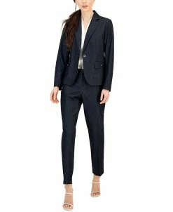 Anne Klein Women's Denim One-Button Jacket, Draped V-Neck Sleeveless Shell Top & Denim Straight-Leg Pants