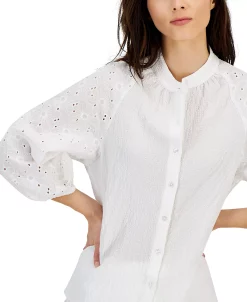 Anne Klein Women's Puff-Sleeve Eyelet-Detail Blouse -Anne Klein Sales Store 23777082 fpx