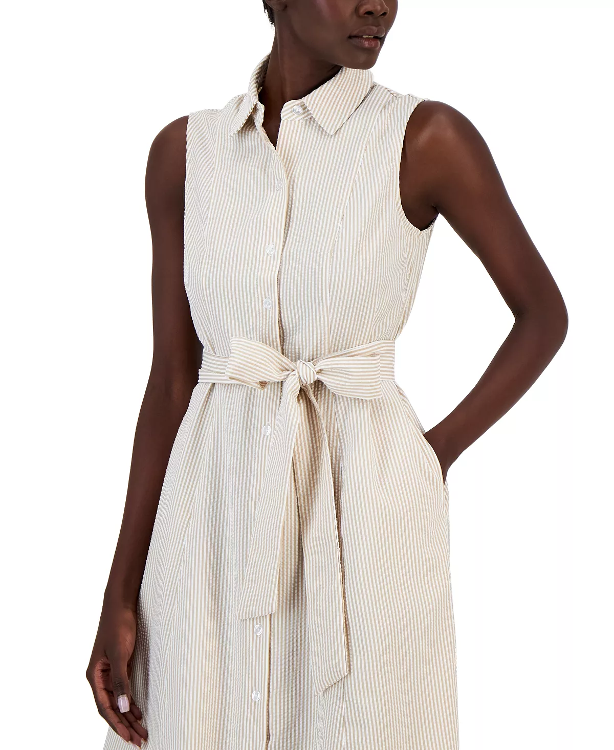 Anne Klein Women's Sleeveless Seersucker Belted Shirt Dress 4 Anne Klein Women's Sleeveless Seersucker Belted Shirt Dress - Image 4