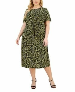 Kasper Plus Size Short-Sleeve Knit Tie-Front Top & Leaf-Print Pull-On Midi Skirt
